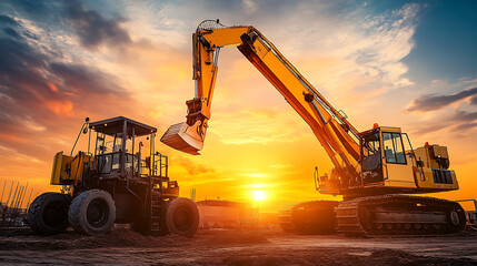 Poster - An articulated boom lift is depicted alongside a construction crane against the backdrop of a sunset sky, This mobile construction crane is available for rent and sale