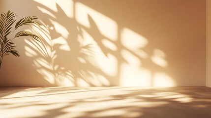 Poster - Beige Flooring and Walls in Sunlit Room with Leaf Shadows as Background for Product Presentation, minimal style, interior studio concept