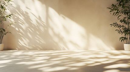 Poster - Beige Flooring and Walls in Sunlit Room with Leaf Shadows as Background for Product Presentation, minimal style, interior studio concept