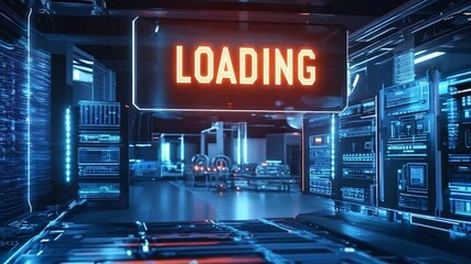 Poster - Futuristic loading interface with neon lights and digital elements in a high-tech environment