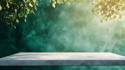 Fototapete - Empty marble table at foreground and cement stone at background with green light from above for product displayed in rustic mood, green backdrop, abstract background for product stand for advertising