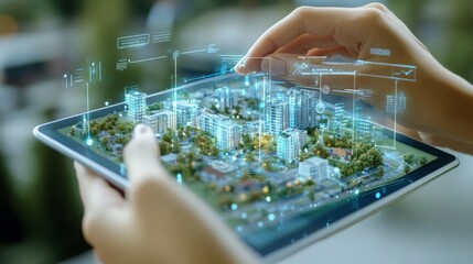 Aufkleber - Hands interact with a tablet displaying a detailed 3D model of an urban area, highlighting various buildings and infrastructure. This technology enhances real estate planning and presentation.