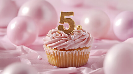 Poster - Number 5 gold candle in a cupcake against a pastel pink background