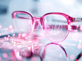 Poster - Ai generated analysis pink glasses with data insights in a modern office environment