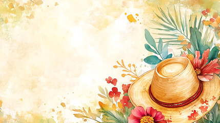 Aufkleber - A watercolor mexican background with a hat and flowers in watercolor
