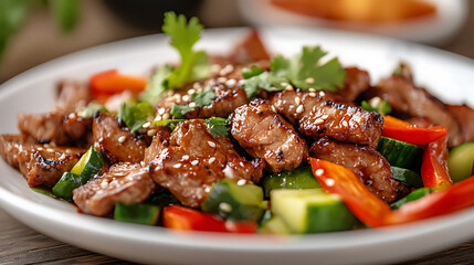 Poster - White plate filled with juicy barbecue meat and a variety of vegetables