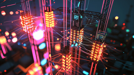 Poster - A vibrant abstract image depicts a complex network of interconnected nodes, glowing with pink and orange lights, suggesting data flow and digital connections. Cybersecurity themes are implied
