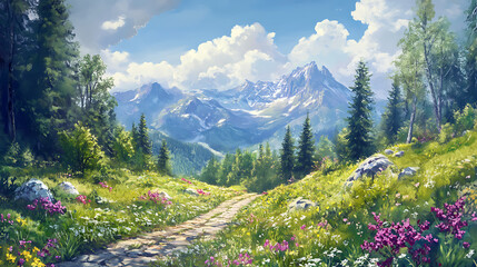 Aufkleber - Summer landscape in the mountains with a path