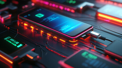 Poster - Smartphones with battery level indicators and a USB connection are shown, illustrating the modern necessity for constant connectivity and power
