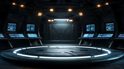 Leinwandbilder - Circular tech concept background with computer screens in the background
