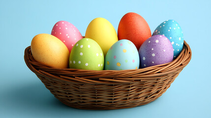 Aufkleber - Colorful easter eggs in a basket on a light blue background