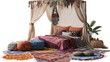 © Ziyan Yang - 3D Render of a bohemian bedroom with a canopy bed, colorful rugs, floor plan, on isolated white background