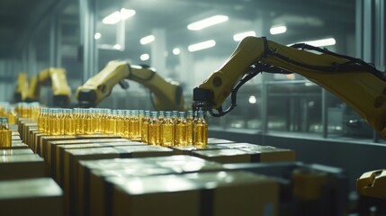 Fototapete - In a state-of-the-art production facility, robotic arms are actively bottling fresh juice. Brightly lit shelves display neatly arranged bottles as the process unfolds smoothly, enhancing efficiency.