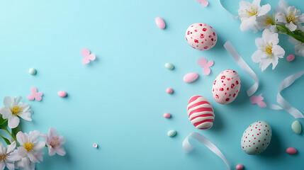 Aufkleber - Easter easter candy eggs on blue background top view