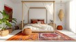 © Ziyan Yang - 3D Render of a bohemian bedroom with a canopy bed, colorful rugs, floor plan, on isolated white background