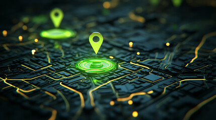Aufkleber - Green glowing waypoints on 3d black map