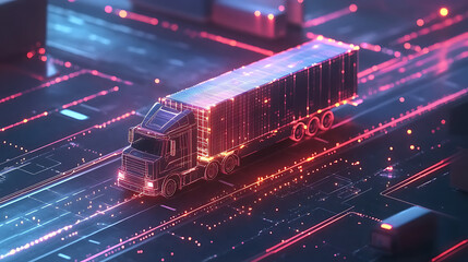 Poster - Logistics digital twins concept visualized with a container truck and technological elements