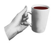© ugguggu - Trendy halftone collage element. Grunge punk cut out sticker of female hand holding coffee mug or cup of black tea. Modern retro vector illustration isolated on transparent background