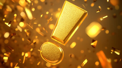 Poster - Golden exclamation mark icon for important notices or caution, presented as a graphic element on a gold background, with a concept for warning, problem, error, or update messages, 3D rendering
