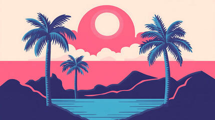 Poster - Flat illustration of a desert landscape with palm trees, sun and clouds retro style