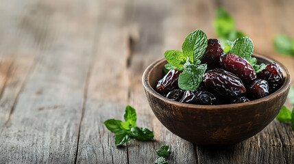 Poster - Dried date and green mint in a bowl on old wooden table close up, selective focus, bokeh, copy space