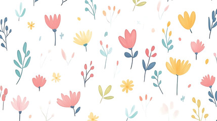Poster - Cute tiny pastel spring flowers and foliage pattern on a white background
