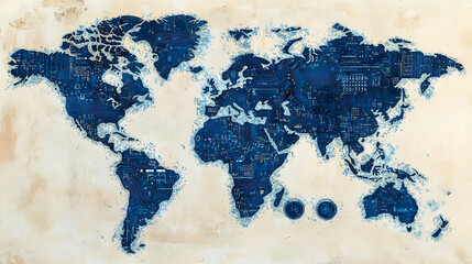 Poster - The world map is depicted in blue circuit board