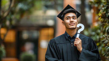 Male college university graduate student in a black graduation gown holding a question mark symbol or sign. young man future choice or decision, looking for answer, help with work.