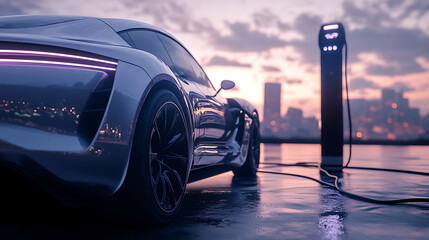 Poster - Car charging through cables is captured in selective focus, pointing to the growing infrastructure for electric vehicles