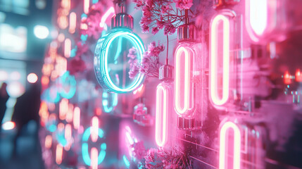 Poster - Vibrant neon lights and blossoming flowers urban setting photography nighttime close-up ai generate art inspiration