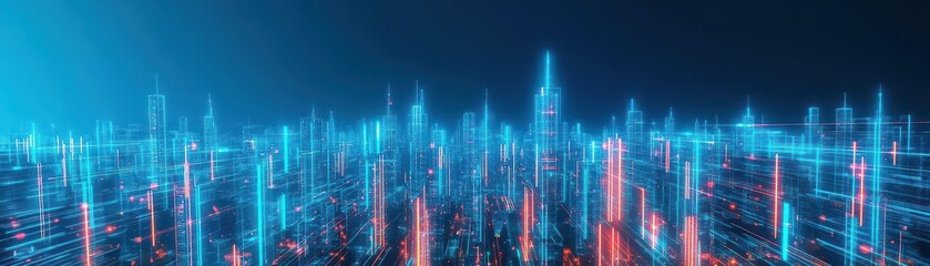 Wall Mural - a cybercityscape built from glowing data towers, overhead shot, dramatic contrast lighting, cyberpun