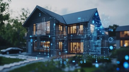 Aufkleber - A contemporary house is surrounded by digital interfaces showcasing AI applications in real estate. The integration highlights how technology improves property showcasing and market analysis.