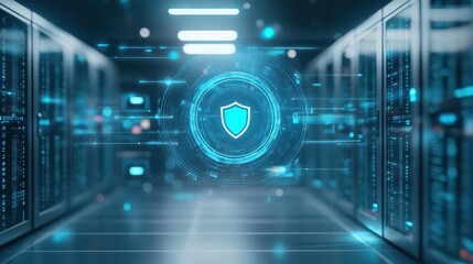 Aufkleber - A futuristic data center with holographic projections of cybersecurity shields, Digital, Blue and Grey Palette, HighTech Render