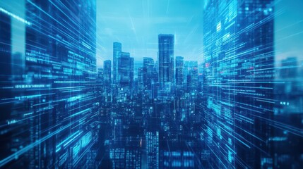 Fototapete - A holographic cityscape with dynamic data streams overlaying the buildings, showcasing smart city tech, SciFi, Cool Blue Palette, Photorealistic