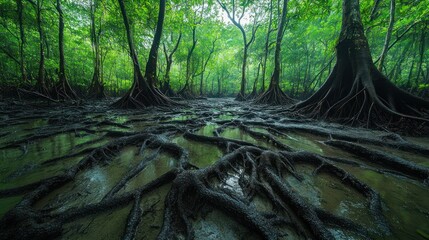 Sticker - Enchanted Mangrove Forest: A Mystical Realm of Intertwined Roots and Tranquil Waters