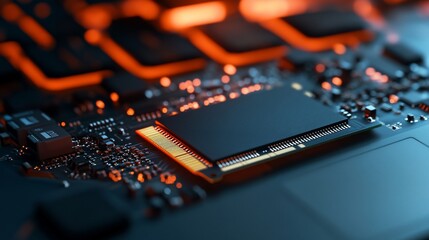 Poster - Close-up of a circuit board with a central processor illuminated with orange light.