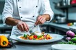 © taweesak - A professional chef preparing gourmet meals in a hightech automated kitchen front view highlighting precision advanced tone Splitcomplementary color scheme