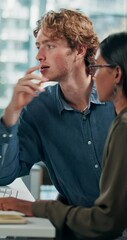 Aufkleber - Teamwork, computer and planning with business people in office for research, feedback and report. Proposal, coaching and coworking with man and woman in agency for collaboration and brainstorming