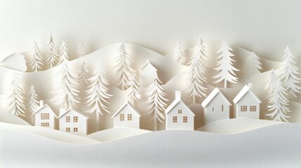 Aufkleber - Intricate paper-cut designs form a charming Christmas village, featuring white houses and snowy trees in a serene winter setting. Generative AI