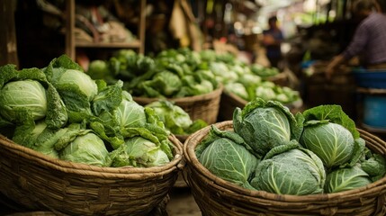 Poster - Fresh Green Cabbages in Baskets at an Asian Market