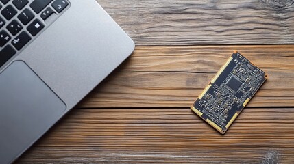 Poster - Laptop and RAM stick on wooden desk.