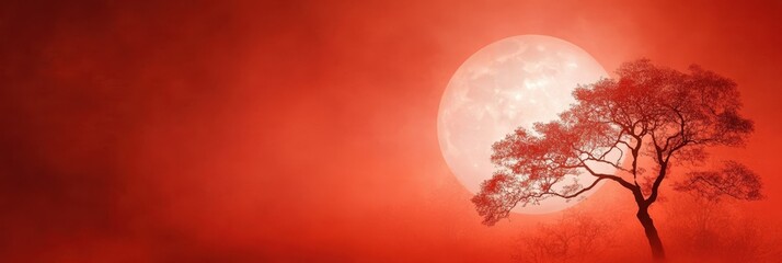 Aufkleber - Mystical Evening With a Red Moon Glowing Behind Dark Silhouettes of Trees