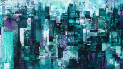 Poster - Vibrant abstract composition reflecting urban city life in shades of teal and purple with a digital touch
