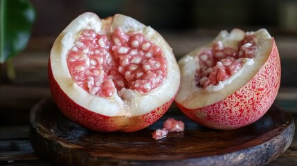 Poster - Discover the Vibrant Colors and Unique Textures of Ackee Apple Freshly Sliced in a Rustic Setting
