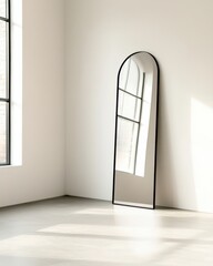 Poster - Elegant Simplicity in a Serene Room With a Stylish Arch-Topped Mirror