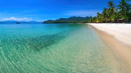 Poster - Pristine tropical beach with clear turquoise waters and lush palm trees, AI