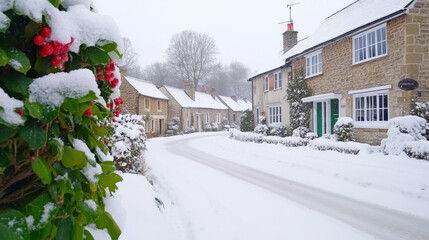 Wall Mural - picturesque village blanketed in snow, featuring charming stone houses and winding road. scene evokes serene winter atmosphere, perfect for cozy getaway