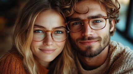 Young couple wearing stylish eyeglasses smiling together