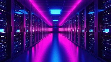 Canvas Print - Neon-Lit Server Room: A Digital Sanctuary