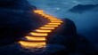 © Alpha - Light-filled staircase spiraling up through mist over a deep valley, each illuminated step symbolizing personal growth and ascension--style raw